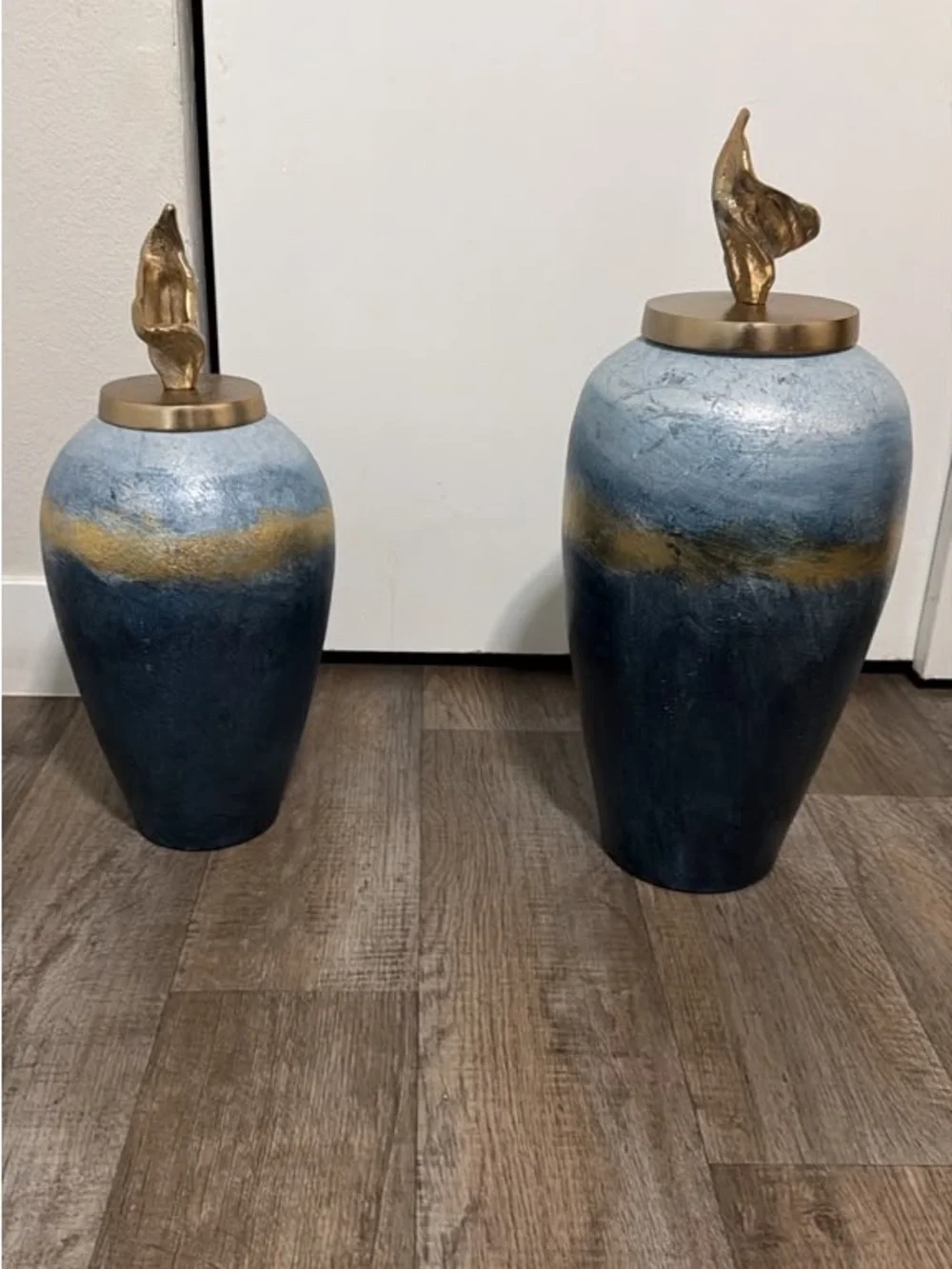 Decorative Blue and Gold Lidded Urns - Pair